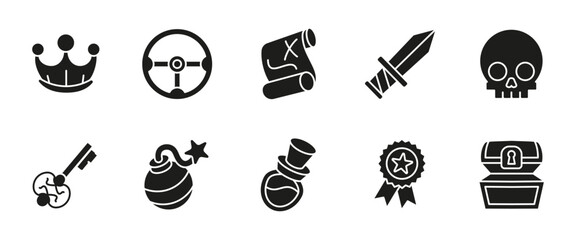 Treasure hunt glyph icon set. Black vector illustrations of pirate map, crown, sword and chest. Adventure and fantasy themed symbols for games, quests, RPG interfaces and reward-based missions.