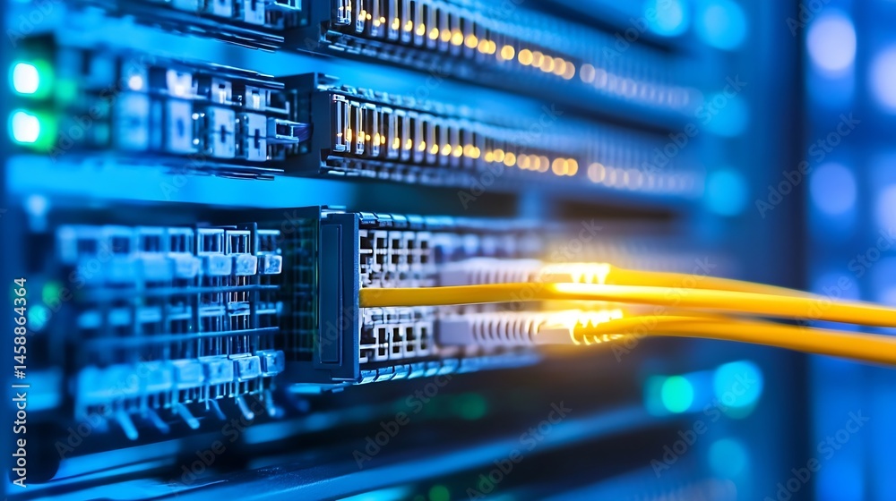 Fototapete Close-up view of fiber optic cables connecting to a network switch within a server rack, showcasing glowing ports and intricate hardware details. : Generative AI