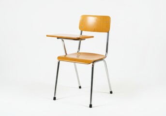 A vintage student desk chair with a wooden seat and chrome legs sits on a white background in a studio setting