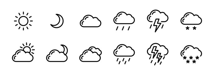 Weather line icon set. Minimal outline vector symbols for sun, clouds, rain, thunder and snow. Forecast pictograms for UI, climate applications and meteorological infographics.
