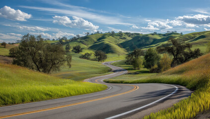Fototapeta premium Winding asphalt road curves through vibrant green hills under a partly cloudy blue sky, showcasing a scenic countryside landscape.