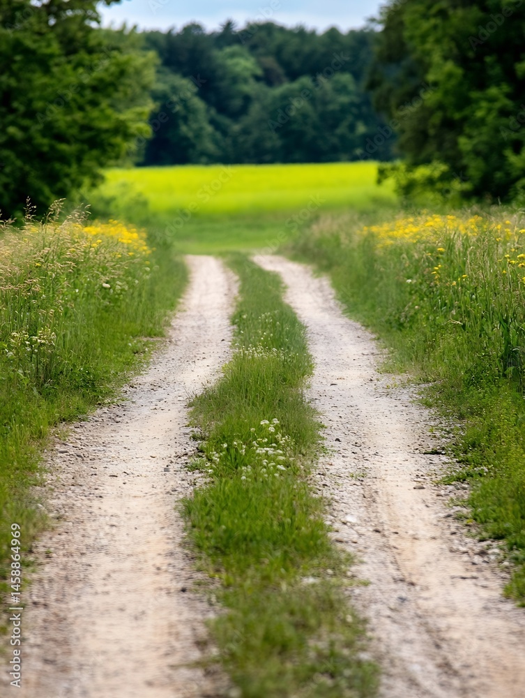 Aufkleber a gravel road winds through a vibrant green field, leading towards a distant yellow field and a line
