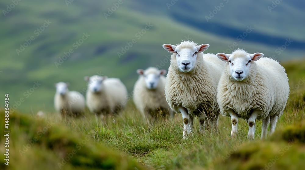 Poster two fluffy white sheep lead a flock across a verdant hillside, their wool gleaming under a soft sky.