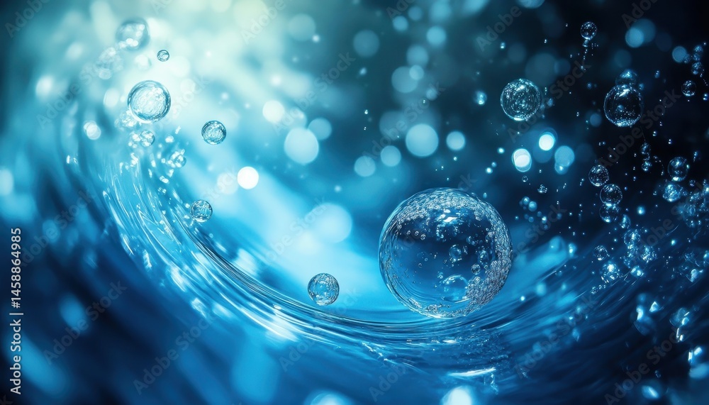 Aufkleber dynamic blue water bubbles abstract background liquid motion with glistening spheres and soft blur w