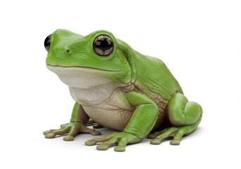 Australian green tree frog sitting upright with large eyes on a white background in studio