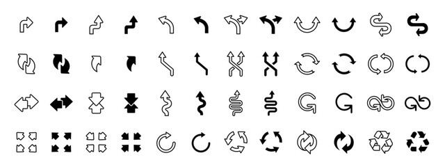 Arrow icon set. Various curved, straight and looped arrows in outline and filled styles. Navigation and movement symbols for UI interfaces, directional signs or process flow visualizations.