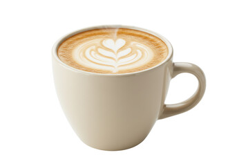 Latte Art Creamy heartshaped design in a beige mug against a stark black background