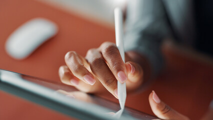 Tablet, stylus and hands of woman for graphic design, cartoon illustrator and drawing with closeup in office. Process, art and tech, animator for digital comic and creative project at media startup