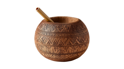 Carved wooden coconut cup with bamboo straw