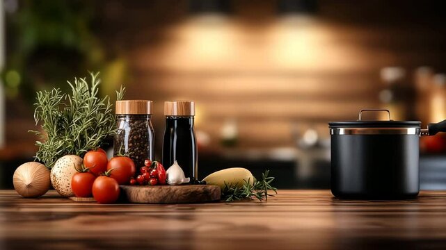 Fresh Ingredients and Cooking Utensils on Wooden Table in Cozy Kitchen Setting with Warm Lighting