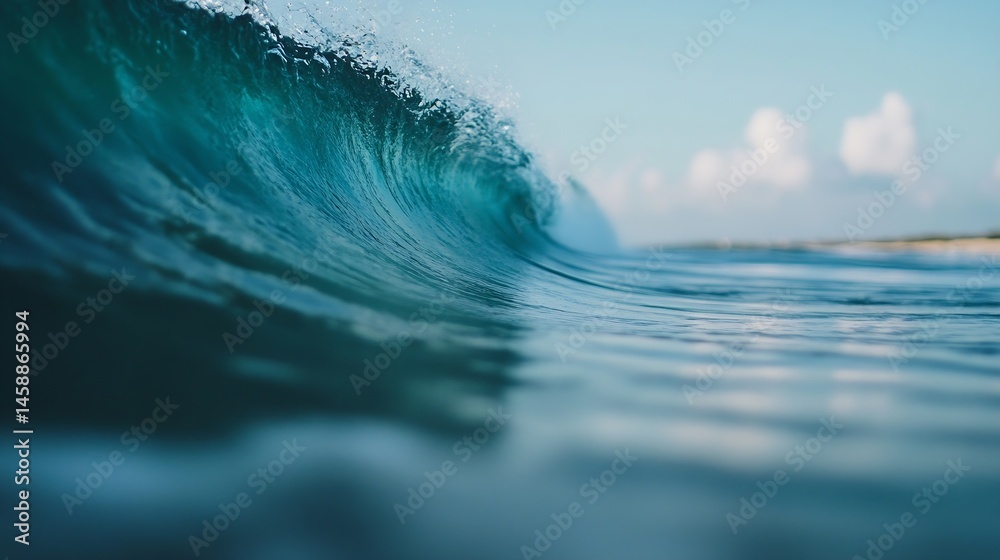 Poster a powerful ocean wave curls, showcasing its teal and turquoise depths against a serene, pale blue sk