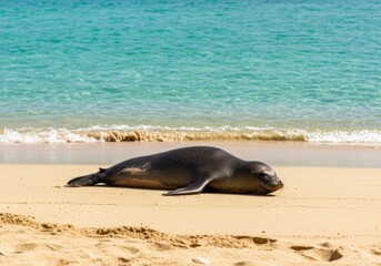 Obraz premium Dark Seal Resting on Sandy Beach near Turquoise Ocean