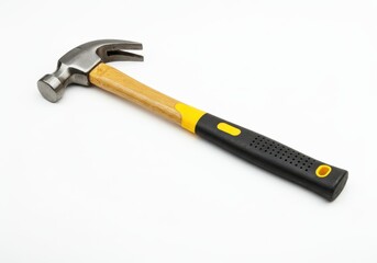 A claw hammer with a wooden handle and a black rubber grip rests on a white surface
