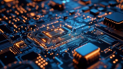Fototapeta premium A close-up of a high-tech circuit board with glowing digital components and electronic pathways, illustrating the growth of digital infrastructure