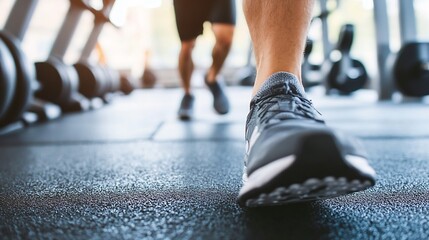 Fototapeta premium Close-up of a runner's foot in a modern athletic shoe, stepping onto a textured gym floor. The background is blurred, showing a person and gym equipment. : Generative AI