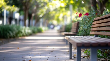A park bench sits invitingly on a sun-dappled path, surrounded by lush greenery and vibrant flowers, creating a serene and peaceful atmosphere. : Generative AI