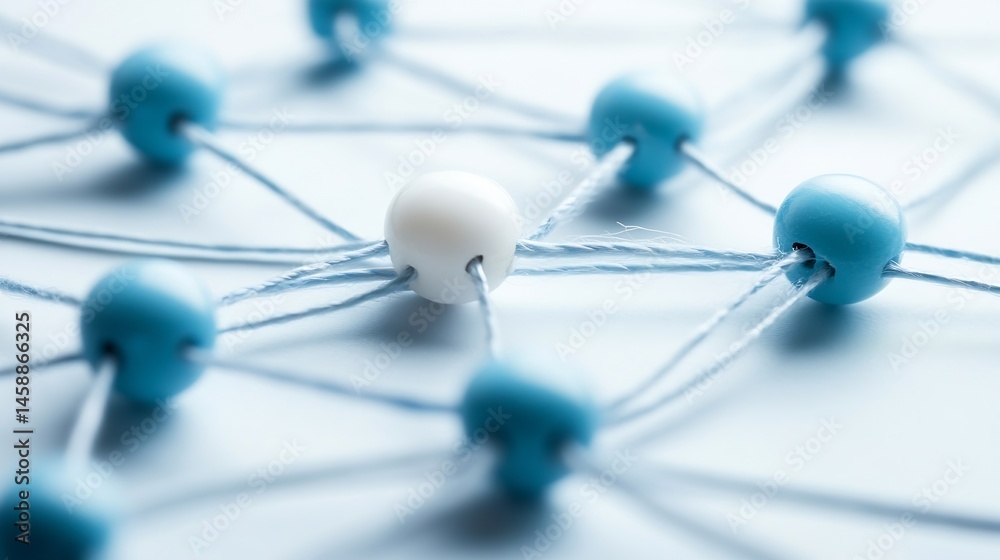 Poster Abstract network concept: a single white sphere connected to multiple blue spheres by thin strings, representing connection and communication. : Generative AI