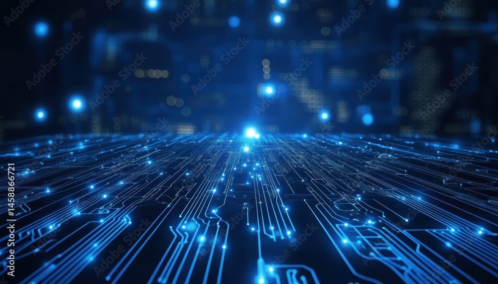 Poster Futuristic Blue Circuit Board Background with Glowing Lights Abstract Digital Network Connection and Modern Electronic Design for AI Technology