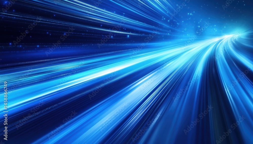 Poster Futuristic Blue Light Streaks Showcasing High Speed Data Transfer on Dark Background with Motion Blur Technology and Abstract Design