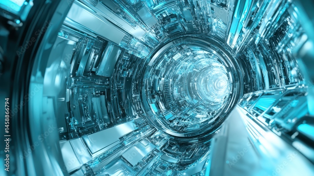 Poster futuristic blue metal tunnel with abstract geometric design and shiny metal texture creates a sci-fi
