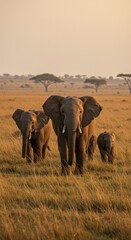 Naklejka premium African Elephant Family at Sunset in the Savannah