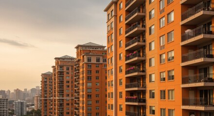 Fototapeta premium Orange Highrise Apartments at Sunset Cityscape