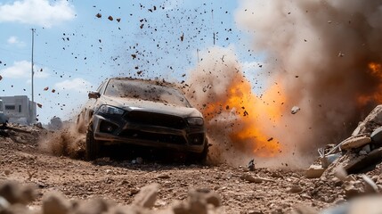 A black SUV drives through a massive explosion, debris and dust flying everywhere, creating a dramatic action scene. : Generative AI