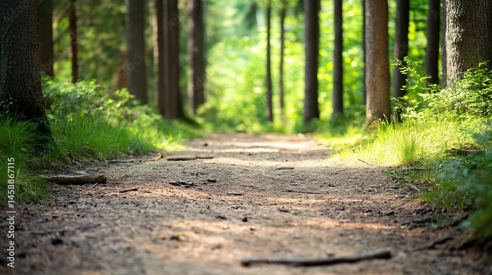 Fototapete sunlit path winding through a dense, green forest, sunlight filtering through the trees, creating a 