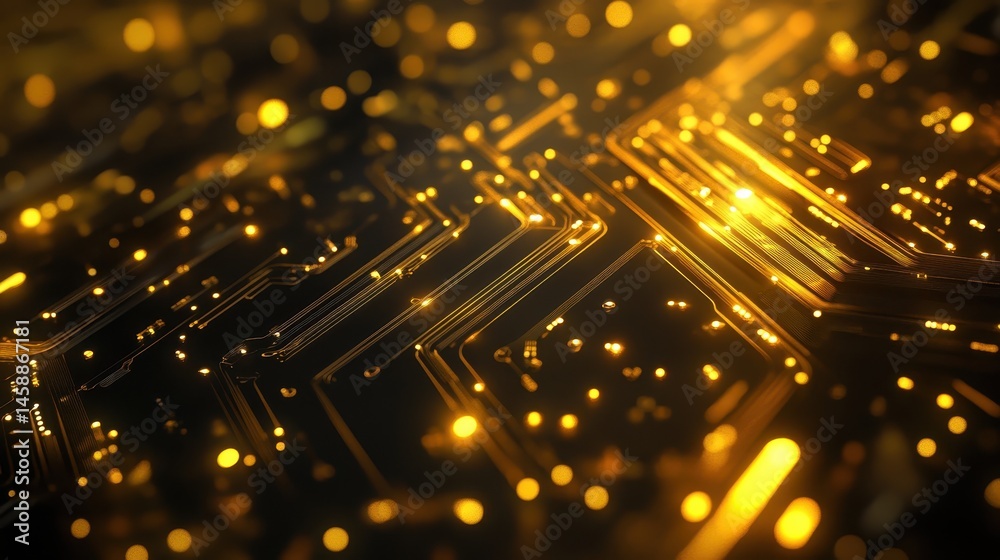 Poster Golden Abstract Circuit Board Background with Intricate Details Electronic Technology Network and Communication System Design Artificial Intelligence and Innovation
