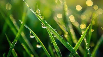 Naklejka premium A close-up of morning dew on delicate grass blades