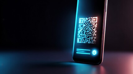 Futuristic Smartphone Displaying QR Code with Glowing Light in Dark Ambience