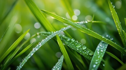 Naklejka premium A close-up of morning dew on delicate grass blades