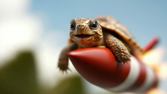 A little turtle with its mouth open flies on a rocket
