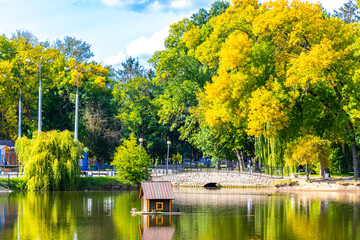 Brest City Park Belarus green nature river lake pond bridge.