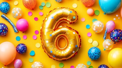 Golden Number Six Balloon with Colorful Balloons and Confetti, Celebrating a Sixth Birthday