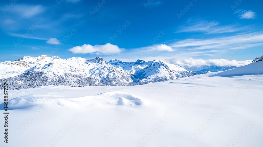 Poster panoramic view of snow-covered mountains under a vibrant blue sky, showcasing a pristine winter land