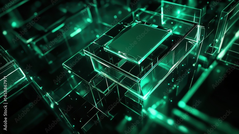 Poster Intricate Green Microchip Circuit Board Technology with Complex Electronic System Data Network and Geometric Design in a Futuristic Cyber Communication Abstract Background