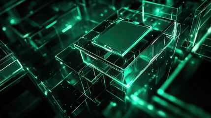 Intricate Green Microchip Circuit Board Technology with Complex Electronic System Data Network and Geometric Design in a Futuristic Cyber Communication Abstract Background