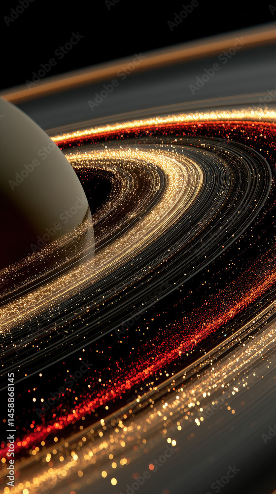 Fototapete A mesmerizing cosmic swirl of gold and red particles encircles a celestial body, creating a striking visual of galactic rings and ethereal dust.