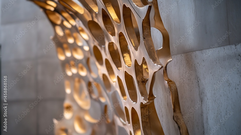 Poster abstract gold metal wall art with organic, perforated design against a textured light gray wall. the