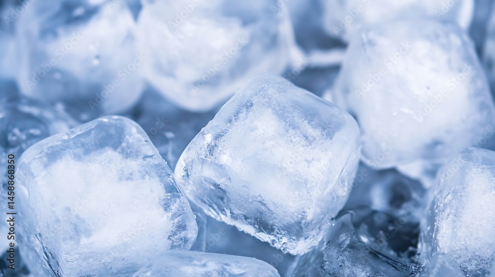 Aufkleber Close-up view of numerous translucent ice cubes, exhibiting a cool, frosty texture and a light blue hue, perfect for refreshing beverage concepts. : Generative AI