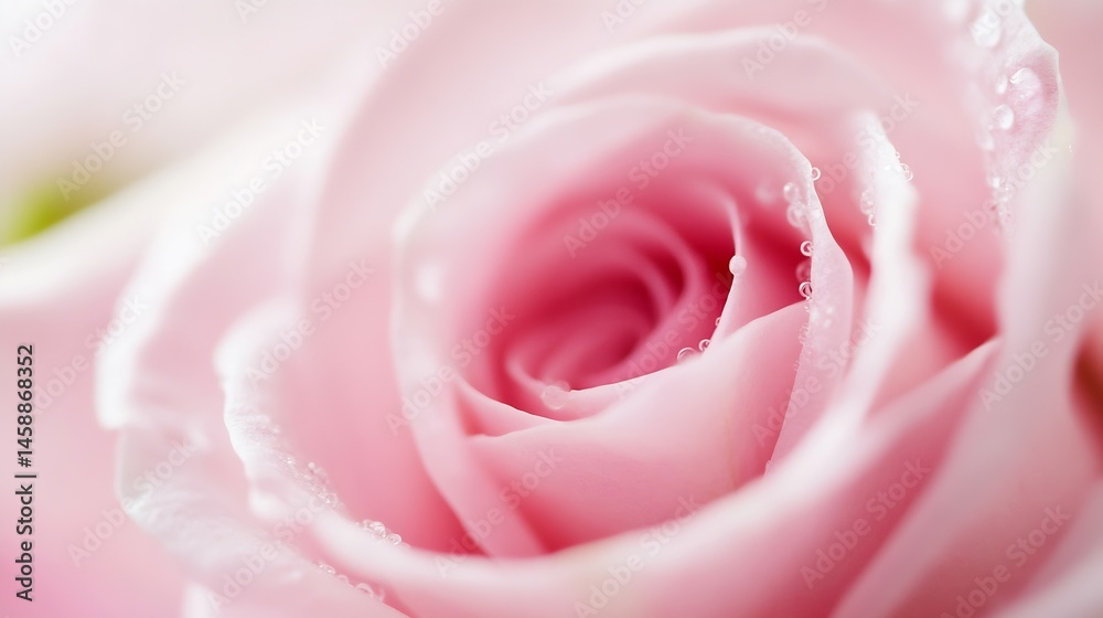 Poster close-up view of a pink rose petal, showcasing delicate texture and water droplets, creating a soft,