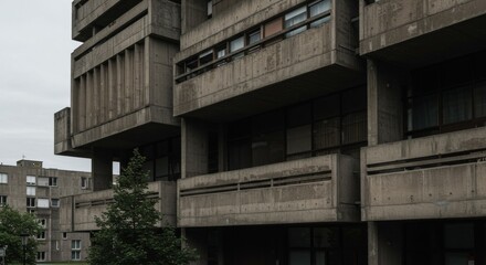 Obraz premium Grey Concrete Brutalist Apartment Building Exterior