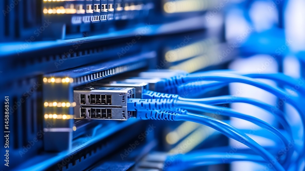 Fototapete Close-up view of fiber optic cables connected to a network switch, showcasing the intricate details of data transfer technology. : Generative AI