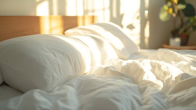Sunlight illuminates a neatly made bed with white sheets and pillows, creating a serene and peaceful morning atmosphere in a minimalist bedroom. : Generative AI