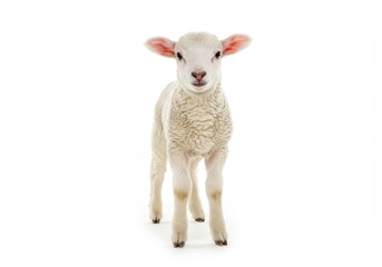 Fototapeta premium Full body portrait of a young lamb standing on a white background looking at the camera