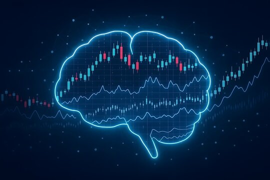 Abstract digital illustration of brain with stock market data representing trading analytics business and financial algorithms