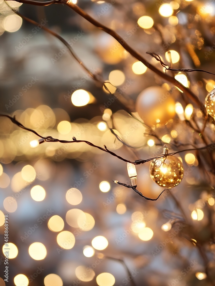 Leinwandbilder close-up of golden christmas ornaments hanging on a branch with warm fairy lights, creating a bokeh 