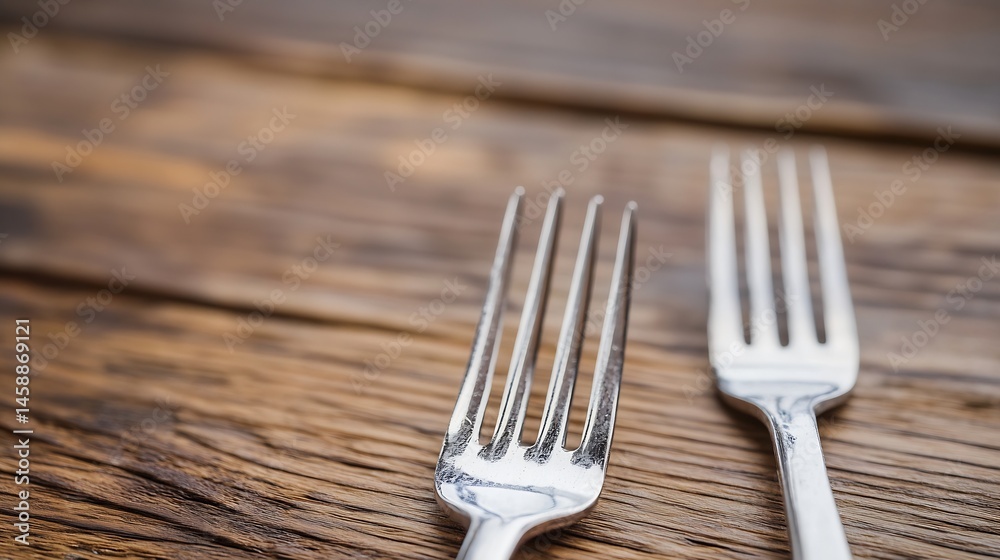 Aufkleber two silver forks rest on a rustic wooden table, showcasing their metallic sheen and the wood's natur