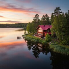 Fototapeta premium Lakeside Red Wooden House at Sunset